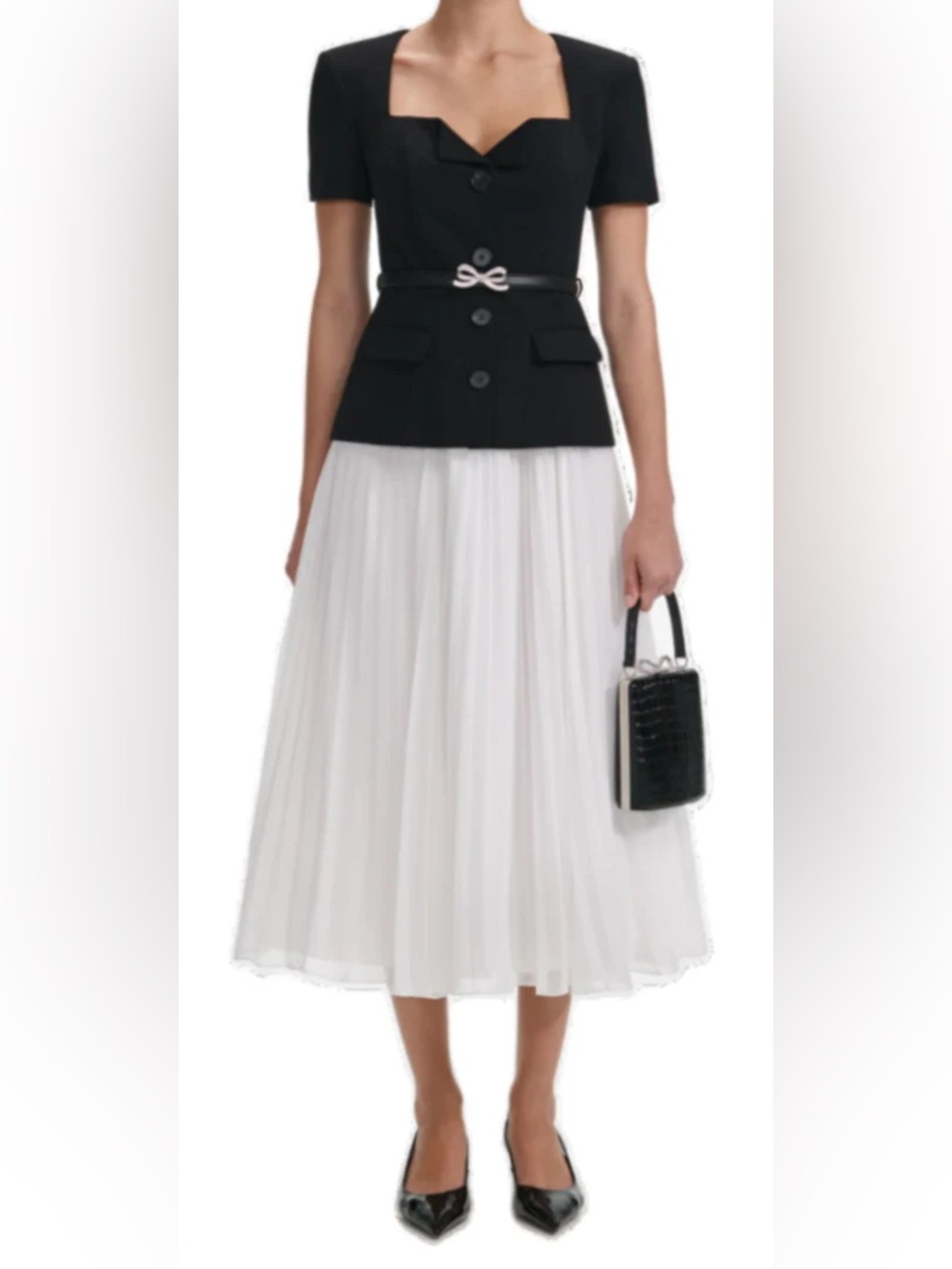 SELF PORTRAIT - TAILORED CONTRAST CHIFFON MIDI DRESS IN BLACK